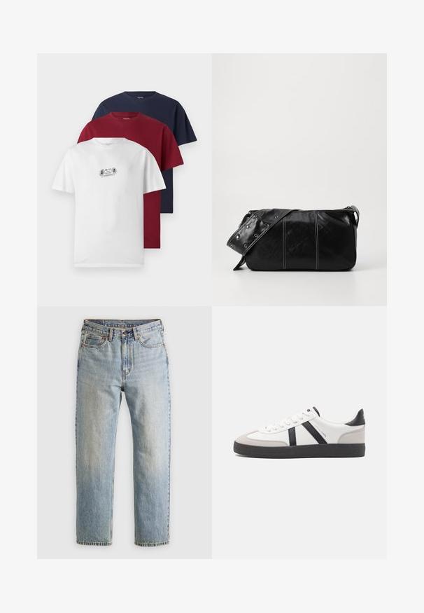 Tre t-shirt a maniche corte in bianco, bordeaux e blu navy. Ognuna presenta un collo rotondo e un morbido tessuto di cotone, con la maglietta bianca che mostra una piccola grafica.; Jeans in denim azzurro chiaro con vita alta, bottone anteriore, cerniera e design a cinque tasche, adagiati su uno sfondo neutro.; Sneaker bianco con accenti neri e grigi, dotata di una punta grigia testurizzata, suola in gomma nera e lacci bianchi piatti. Design pulito, stile minimalista.; Borsa a spalla in pelle nera con chiusura a zip, caratterizzata da un corpo testurizzato, cuciture bianche e una tracolla con occhielli in argento.