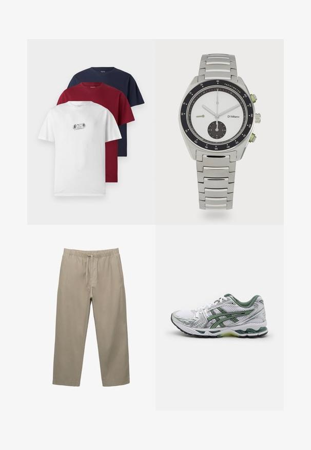 Tre kortærmede T-shirts i hvid, burgunder og marineblå. Hver har en rund halsudskæring og blødt bomuldsstof, hvor den hvide skjorte viser en lille grafik.; Beige bomuldsbukser med elastisk talje og justerbar snor. Lige ben-design med sidelommer og en glat tekstur.; Hvid løbesko med sølvdetaljer, grøn meshkrave og grønne striber. Har et struktureret mesh-øvre og polstret sål.; Sølv rustfrit stål ur med en rund hvid urskive, sort tachymeter bezel, grønne detaljer og et metalrem.