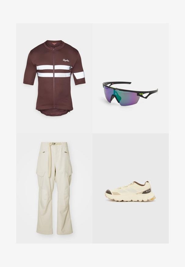 Jersey de ciclismo marrón de mangas cortas con cremallera completa, que presenta franjas reflectantes blancas y acentos de malla. Logo de la marca exhibido en la parte frontal.; Pantalones cargo beige con pierna ancha, cintura ceñida por un cinturón, dos bolsillos laterales y parches en las rodillas. Textura suave con detalles de costura reforzada.; Zapatilla deportiva de color beige claro con un upper texturizado, acentos en marrón y una suela gruesa y resistente. Presenta paneles de malla y una lengüeta en la parte trasera.; Gafas de sol deportivas con montura negra, grandes lentes degradados con tonos púrpuras y verdes, y acentos de diseño angulares con detalles de logotipo.