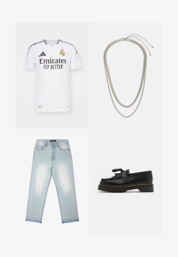 Maillot de football blanc avec un col en V, des accents rayés noirs, le logo "Emirates Fly Better", le blason du Real Madrid et un tissu texturé.; Pegador BARROW - Jean large - sand washed blue; Mocassin en cuir noir avec un accent à frange, doté d'une semelle épaisse noire et d'une couture jaune le long du bord. Fini texturé.; Collier en métal argenté à trois couches présentant des chaînes flexibles et élégantes avec un léger éclat, sécurisé par un fermoir en forme de homard et une chaîne ajustable.