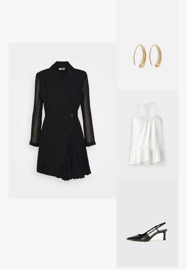 Bluză albă fără mâneci, realizată dintr-un material ușor. Prezintă un guler plisat și o tivă frolată. Se leagă la spate pentru închidere.; Rochie neagră, croită pe măsură, cu un top în stil blazer, mâneci lungi din material transparent, închidere cu un singur nasture și detalii cu pliseuri la fustă.; Pantofi cu toc slingback negri din patent, cu vârf ascuțit, cu imprimeu de șarpe texturat, curea ajustabilă și toc scurt texturat.; Geantă neagră din piele, tip crossbody, cu două buzunare frontale, catarame aurii, închidere cu fermoar și o curea subțire. Suprafață texturată și formă rectangulară compactă.; Cercei din metal auriu, cu un design curbat și alungit. Au o suprafață netedă și strălucitoare, cu un vârf rotunjit pentru un detaliu suplimentar.