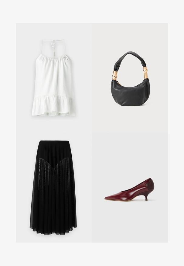 Balta bezpiedurkņu blūze, kas izgatavota no viegla auduma. Ar apkakli, kas savākta, un izplestu viļņainu apakšu. Aizdare aizmugurē ar saiti.; Melnā svārku, kurai ir pieguļošs jostasvieta, ar slāņveida krokota caurspīdīga auduma un teksturētu dizainu. Garums sasniedz vidus teļa līmeni, ar gludu apdari.; Burgundijas krāsas ādas kurpes ar smailo purngali un zemu, izliekumu papēdi. Gluda tekstūra ar kontrastējošu tumšu papēža akcentu.; Melnas ādas rokassoma ar apaļu formu, mīkstu tekstūru un mezgla rokturi, kas rotāts ar zelta tonētiem aksesuāriem. Ar rāvējslēdzēja aizdari.