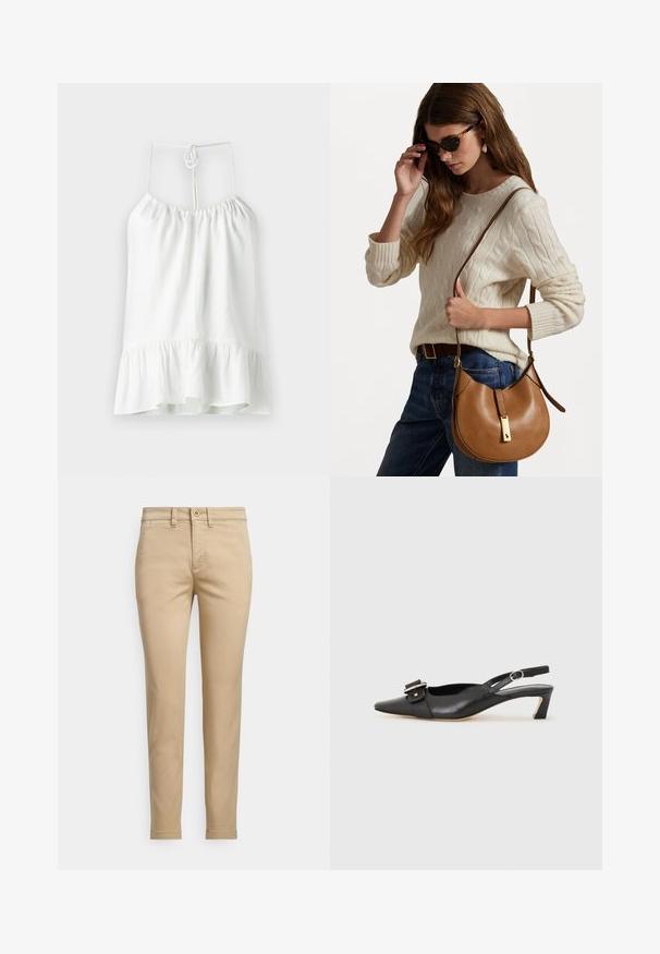 Weißes ärmelloses Blusenshirt aus leichtem Stoff. Mit einem gerafften Ausschnitt und einem ausgestellten Rüschensaum. Wird hinten mit einem Band geschlossen.; Beige Chinos aus Baumwolle mit geradem Schnitt, ausgestattet mit Knopfverschluss, Vordertaschen und abgesteppten Details entlang der Nähte.; Schwarzer Leder Slingback-Schuh mit spitzer Zehenform, kleinem Absatz und dekorativem Schnallen-Detail auf dem Obermaterial. Glatte Textur, minimalistisches Design.; Braune Leder-Umhängetasche mit geschwungener Form und goldenen Hardware-Details. Das Modell trägt einen cremefarbenen Strickpullover und blaue Jeans.