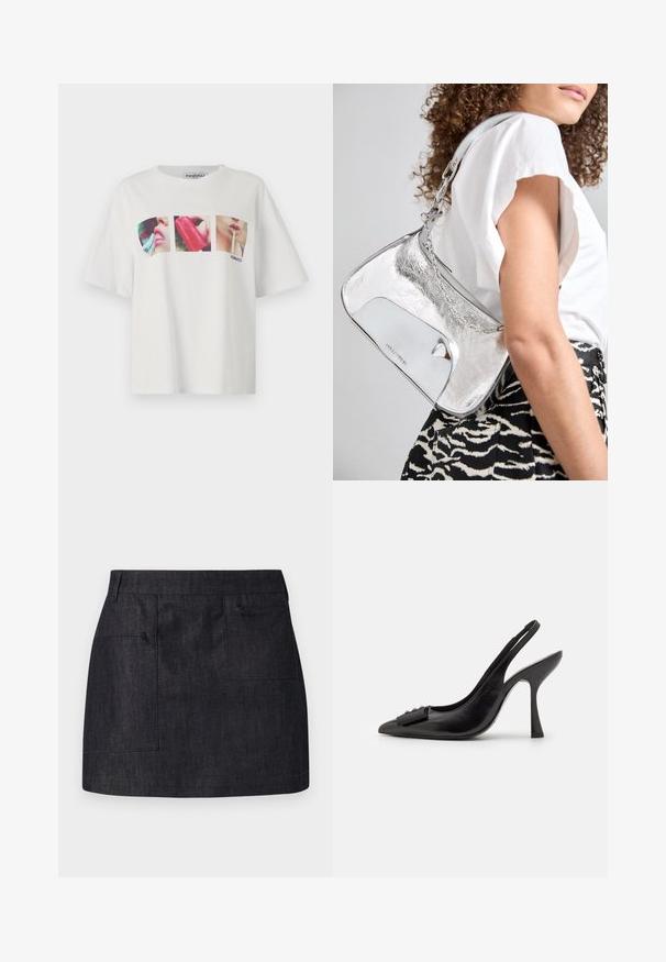 Camiseta de algodón blanca que presenta cuatro paneles impresos coloridos de labios con polos. Corte holgado con mangas cortas y cuello redondo.; falda de mezclilla oscura con corte recto, que presenta dos bolsillos frontales y una textura sutil. Cintura estándar y dobladillo limpio.; Zapato slingback de piel negra con punta afilada, tacón alto delgado y un lazo decorativo. Textura suave y diseño elegante.; Bolso de hombro metálico plateado con una textura suave, diseño curvado, correa de cadena y un panel frontal pulido que presenta un sutil grabado de logo.; Pendientes de plata con un diseño en espiral y fluido. Textura suave con un acabado pulido. Presenta un brillo sutil y no tiene adornos visibles.