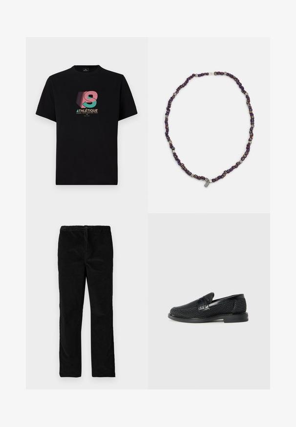 Μαύρο βαμβακερό T-shirt με κοντά μανίκια που διαθέτει πολύχρωμη γραφική σχεδίαση με την ένδειξη "ATHLÉTIQUE" και στυλιζαρισμένο "S" στο μπροστινό μέρος.; Μαύρο σατέν παντελόνι καμπάνα με ελαστική ζώνη και κορδόνι στη μπροστινή πλευρά, αναδεικνύεται σε λευκό φόντο.; Μαύρο πλεκτό παπούτσι slip-on με λείο δερμάτινο στοιχείο στο άνω μέρος, στρογγυλή μύτη και χαμηλό καουτσούκ πάτο.; Πολύχρωμο κολιέ με χάντρες σε σκούρο μπλε, κόκκινο και κίτρινο, διακοσμημένο με ασημί λεπτομέρειες και ένα κρεμαστό γούρι.