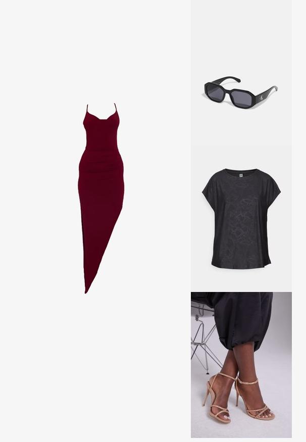 Črn kratki rokav v gladkem materialu, z diskretnim vzorcem reptila, okrogel ovratnik in ohlapen kroj za udobno gibanje.; Burgundijska obleka z oprijetim krojem in tankimi naramnicami, z bočnim razporkom in nabrano obdelavo v predelu pasu, narejena iz elastičnega materiala.; Bež sandale s peto in kristalnimi okrasnimi elementi, z odprtim prstom, tankimi trakovi in eleganco silhueto.; Črne sončne očala z ovalnim okvirjem, temnimi lečami, sijočim plastičnim materialom in srebrnim logotipom na eni strani.; Zlati kovinski uhani z valovito zasnovo; gladka, odsevna površina; asimetrična oblika; brez vidnih vzorcev ali kovinskih delov.