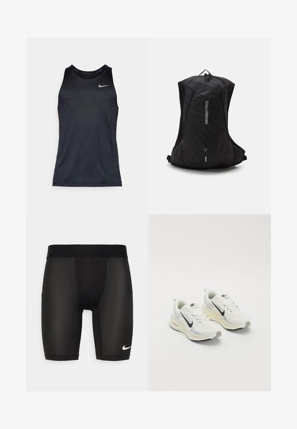 Zwarte Nike tanktop gemaakt van lichtgewicht, gladde stof. Ronde halslijn en mouwloos ontwerp met een subtiel textuurpatroon en logo.; Zwarte sportieve shorts gemaakt van een gladde, rekbare stof. Bevat een brede tailleband met reliëfbranding en een klein wit logo op het been.; Hardloopschoenen gemaakt van witte ademende mesh met lichtgrijze accenten. Voorzien van een zwart swoosh-logo en een lichtgrijze rubberen loopzool.; Salomon CROSS 8 - Rugzak - black
