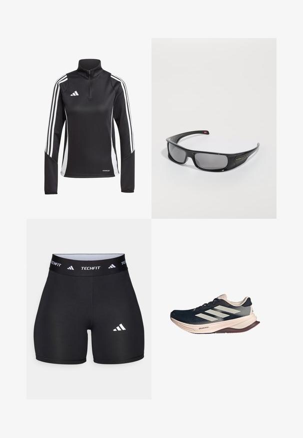 Czarna, sportowa bluzka z długim rękawem i zamkiem przy kołnierzu, z białymi paskami na ramionach oraz napisem "AEROREADY" na dolnym brzegu.; Czarne szorty wykonane z elastycznej tkaniny o dopasowanym kroju. Posiadają szeroki czarny pas z napisem "TECHFIT" oraz biały logo na nodze.; Buty biegowe z ciemnoniebieską siateczką, jasnobeżową podeszwą i białym wzorem w trzy paski. Charakteryzują się smukłym, aerodynamicznym kształtem oraz teksturowanymi akcentami.; Czarne okulary przeciwsłoneczne Oakley z zakrzywionymi ramionami i ciemnymi prostokątnymi soczewkami na białym tle.; Czarna sportowa opaska na głowę o gładkiej fakturze, zakrzywionym kształcie i elastycznym szczycie. Posiada małe, białe logo Adidas po boku.