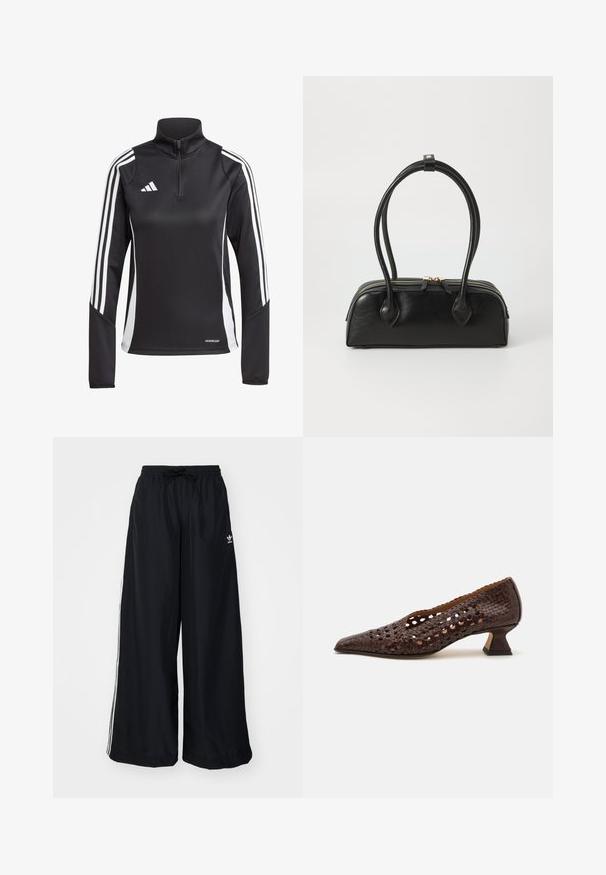 Fekete sportos hosszú ujjú felső, cipzárral a gallérnál, fehér csíkokkal a vállakon, és "AEROREADY" felirattal az alján.; Fekete, bő szabású nadrág, könnyű anyagból készült. Rugalmas derékkal, zsinórral és fehér oldalcsíkokkal rendelkezik. Márkalogó a csípőn.; Barna, szőtt bőrpumpa hegyes orral, nyitott kivágott dizájnnal, alacsony, formázott sarkával és sima belső béléssel.; Fekete bőr kézitáska, két hosszúkás fogantyúval, cipzáras záródással és kerek formával; sima textúra, enyhén fényes felülettel.