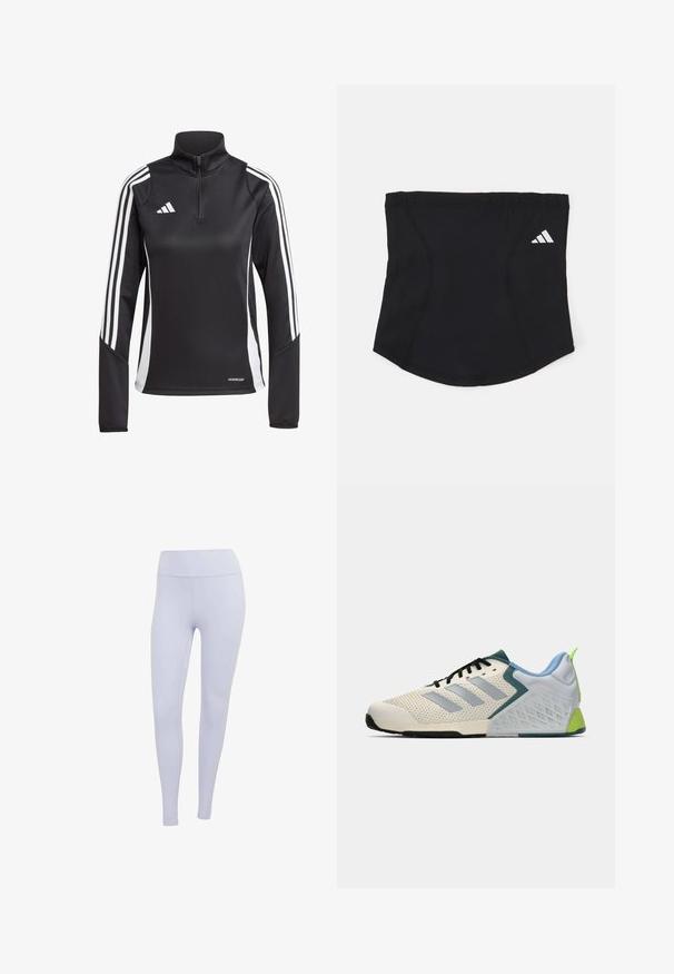 Čierny športový dlhý rukáv s zipsom pri golieri, s bielymi pruhmi pozdĺž ramien a textom "AEROREADY" na dolnom leme.; Svetlofialové legíny vyrobené z elastického materiálu. Vysoký pás s hladkou textúrou a bez viditeľných švov alebo vzorov.; Ľahké atletické topánky s krémovým sieťovinovým zvrškom, sivými pruhmi, zeleným akcentom a štruktúrovaným modrým pätovým oporom. Čierne šnúrky.; Čierny športový čelenka s hladkým povrchom, zakriveným tvarom a elastickým vrchom. Na boku sa nachádza malé biele logo Adidas.