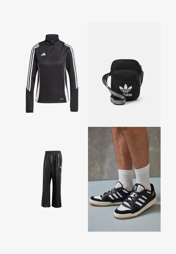Crni atletski dugi rukav s patentnim zatvaračem na ovratniku, s bijelim prugama duž ramena i tekstom "AEROREADY" na rubu.; Crne sintetičke trenirke s elastičnom waistbandom, sa bijelim bočnim prugama i malim bijelim logoom na lijevom kuku.; Crne i bijele tenisice s gornjim dijelom od antilopa i kože, s tri bijele pruge, perforiranim prstom i gumiranim potplatom.; Crna crossover torba od tkanine sa zatvaračem, sa bijelim Adidas logotipom i prugastim podešivim remenom za lako nošenje.