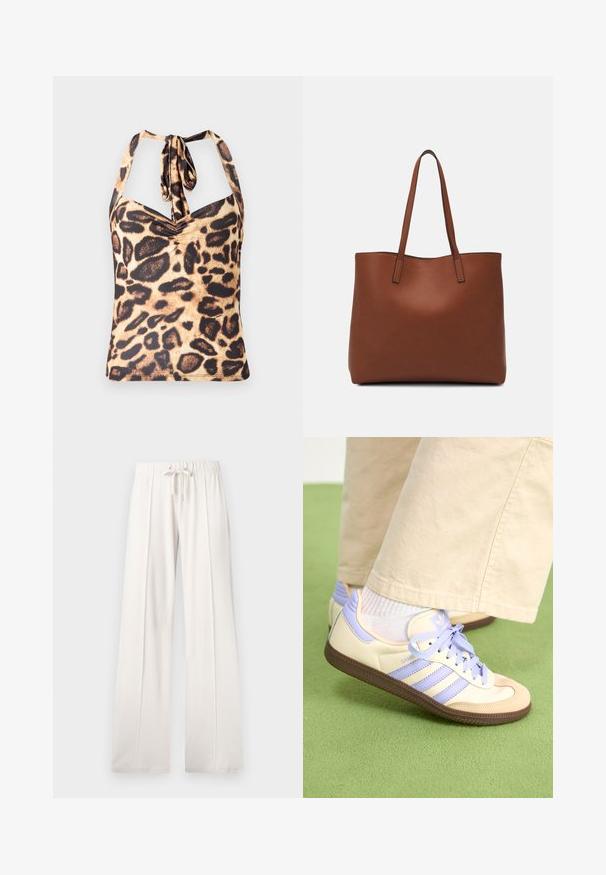 Leopardų rašto halterio tipo tankų marškinėliai su suglebusiu priekiu, pasižymintys rudos ir juodos spalvų atspalviais ant smėlio fono.; Šviesiai smėlio spalvos sportinės kelnės, pagamintos iš minkštos medžiagos, su raišteliu juosmenyje, plačiomis ilgomis kojomis ir vertikaliomis siūlėmis, turinčios lygų paviršių.; Kreminės ir levandų spalvos sportbačiai su trims juostelėmis ir tekstūruota ruda padais, su raišteliais ir paminkštintu kulnu. Minkšta medžiaginė viršutinė dalis.; Ruda odinė priekabų krepšys su glotnia tekstūra, atviru viršumi ir dviem petnešomis. Su minimalia siuvimo detalėmis ir nematoma aparatūra.