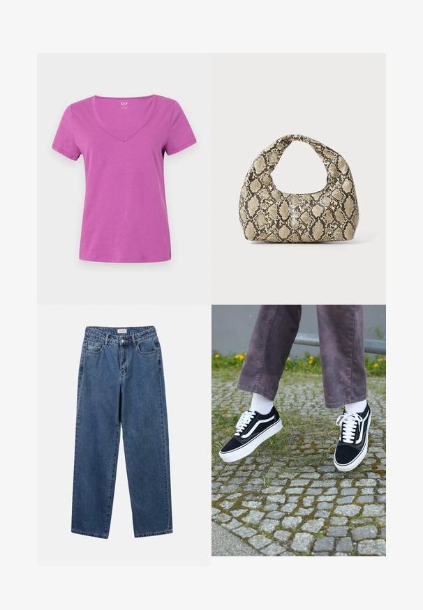 Majica s kratkimi rokavi in V-izrezom iz svetlo vijolične bombažne tkanine, ki se ponaša z gladko teksturo in minimalističnim dizajnom brez vzorcev ali dodatkov.; Klasične modre jeans hlače s ravnim krojem, petimi žepi in gumbom za zapiranje. Imajo srednje pranje in trdno teksturo.; Črne semiš teniske z belimi akcenti, s krožno prstom, debelim belim podplatom in klasičnim vezanjem, nošene z belimi nogavicami in vijoličnimi hlačami.; Torba z vzorom kače s ukrivljenim ročajem. Narejena iz teksturiranih, bež in rjavih materialov, ki imajo značilen diamante vzorec.