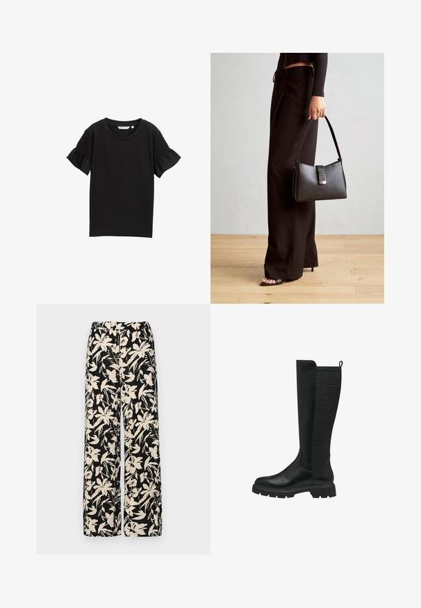 Schwarzes kurzärmliges Oberteil mit Rundhalsausschnitt. Die Ärmel sind mit einer strukturierten Smocking-Detail versehen, und der Stoff hat ein dezentes Rippmuster.; Schwarze weit geschnittene Hose mit einem cremefarbenen Blumenmuster. Hergestellt aus leichtem Stoff, mit einer glatten Textur und einem hohen Bund.; Schwarze kniehohe Stiefel mit einer glatten Lederfront und einem strukturierten Mesh-Panel auf der Rückseite, mit einer Gummisohle und einem Ziehschlaufenelement für einfaches An- und Ausziehen.; Schwarze Handtasche mit strukturierter Form, glatter Textur und einem metallischen Verschluss. Kombiniert mit weiten schwarzen Hosen und offenen Sandalen auf einem Holzboden.
