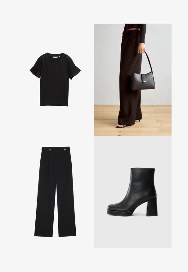 Top negro de manga corta con cuello redondo. Las mangas presentan un detalle de fruncido texturizado y la tela tiene un sutil patrón acanalado.; Pantalones de pierna ancha negros con cintura alta, detalles de botones en la cinturilla y pliegues en la parte delantera.; Botín de cuero negro con tacón cuadrado y suela de plataforma, visto de lado sobre un fondo blanco liso.; Bolso negro con forma estructurada, textura suave y un cierre metálico. Combinado con pantalones anchos negros y sandalias de dedo en un suelo de madera.