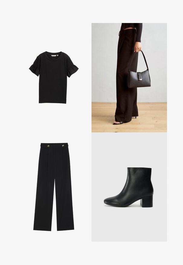 Sort kortærmet top med rund hals. Ærmerne har tekstureret smock-detalje, og stoffet har et subtilt ribbet mønster.; Sorte vide bukser med høj talje, knapdetaljer på taljebåndet og frontfald.; Sorte læder ankelstøvler med spids tå og en kraftig hæl. Glat tekstur med minimale detaljer og et slankt, tætsiddende design.; Sort håndtaske med struktureret form, glat overflade og metalspænde. Sammen med brede sorte bukser og sandaler med åben tå på trægulv.