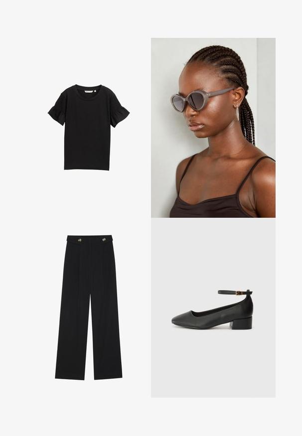 Must have lühikeste varrukatega must topp ümmarguse kaelusega. Varrukatel on tekstuuriga smokk-detail, ja kangas sisaldab peent ribilist mustrit.; Mustad laiad püksid kõrge vöökoha ja nööpdetailidega vööandil, esikortsudega.; Must mustaapp, millel on terav nina ja madal blokk-kand. Omab pahkluu rihma koos kuldse tooni pandlaga. Sile tekstuur.; Hallid ova päikeseprillid ümmarguse kujuga ja tumedate läätsega. Sujuva viimistlusega läikiv plastraam. Mudelil on põimitud juuksed.