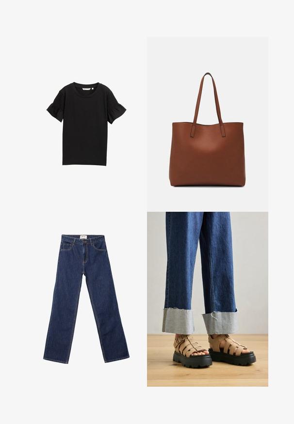Černý top s krátkým rukávem a kulatým výstřihem. Rukávy mají texturované smocking detaily a tkanina má jemný žebrovaný vzor.; Tmavě modré džíny rovného střihu s předními kapsami, poutky na opasek a zapínáním na knoflík.; Béžové platformové sandály s tlustými černými podrážkami, které mají několik popruhů pro oporu. Spárováno se světle modrými džíny s ohrnutými nohavicemi.; Hnědá kožená taška přes rameno s hladkou texturou, otevřeným designem a dvěma ramenními popruhy. Obsahuje minimální švy a žádné viditelné kovové prvky.