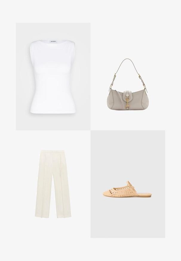 Top alb fără mâneci cu decolteu rotund, fabricat dintr-un material neted. Design ajustat, care se îngustează spre talie, etichetat "WEEKDAY."; Pantaloni cu picioare largi, de culoare crem deschis. Realizați dintr-un material neted, cu plisuri în față și buzunare laterale.; Pantofii bej din croșetă, cu vârful ascuțit, lateralele deschise și o baretă pentru gleznă cu cataramă metalică. Talpă plată.; Geantă de mână din piele gri deschis, cu o formă curbată, accesorii din aur, un sistem de închidere în față și detalii cusute. Include o curea de umăr ajustabilă.
