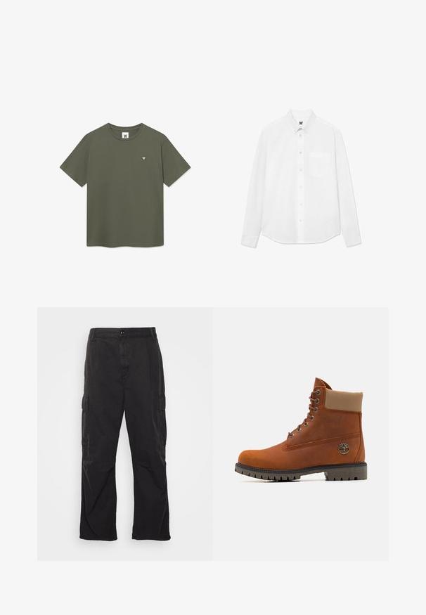 Enkelt olivgrønt kortærmet t-shirt med rund hals og lille cirkulær hvid "W"-logo på venstre bryst.; Hvid langærmet skjorte med knapper, krave, forlommer og subtil tekstur. Frontlukning har knapper og et lille logo-detalje.; Sorte cargo bukser med lige ben, der har to sidelommer, knaplukning og en struktureret stof.; Timberland Snørestøvletter - medium orange