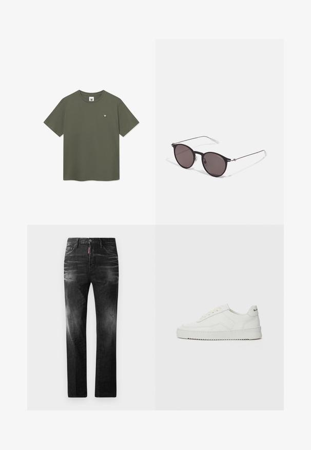 Yksinkertainen oliivinvihreä lyhythihainen t-paita, jossa on pyöreä pääntie ja pieni valkoinen "W"-logo vasemmassa rinnassa.; Mustat denimfarkut suoralla istuvuudella. Ominaisuuksiin kuuluu haalistuneita alueita, pieniä kulumia, klassinen viiden taskun malli sekä nappisulku.; Valkoinen nahkakenkä, jossa on sileä pinta, pyöreä kärki, tasaiset nauhat ja teksturoitu pohja. Sisältää huomaamattoman logon kantapäässä.; Musta pyöreä aurinkolasit tummilla linsseillä ja kapeilla metallikehyksillä. Sisältää kirkkaat temppelet ja hopeiset yksityiskohdat saranassa. Minimalistinen muotoilu.