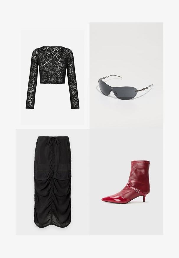 Fekete csipkés crop top hosszú ujjakkal, bonyolult virágmintával és kerek nyakkivágással. Puha tapintású, áttetsző megjelenésű.; Fekete midi szoknya könnyű anyagból. Gyűrt részletezéssel, két elülső zsebbel és állítható húzózsinórral ellátott derékrésszel rendelkezik.; Piros szintetikus bokacsizma hegyes orral, fényes felülettel és vékony sarkal. Fém csatos pánttal és elasztikus mandzsettával rendelkezik.; Sötétszürke lencséjű napszemüveg, sima ívelt formával és jellegzetes hullámos fém szárakkal. A felülete sima, enyhén matt bevonattal.