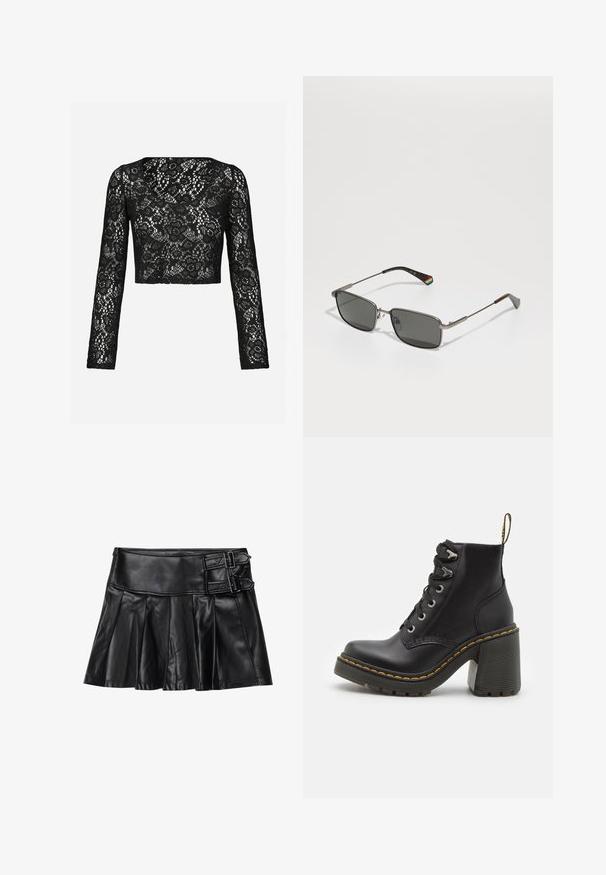 Top cropped em renda preta com mangas longas, apresentando um intrincado padrão floral e um decote arredondado. Textura suave com um aspecto transparente.; Saia de couro preta com pregas, cintura larga e dois detalhes de fivela de cada lado. Textura suave com um acabamento brilhante.; Botim de tornozelo em couro preto com um salto alto robusto, atacadores na parte frontal, ilhós de metal e costura amarela ao longo da sola. Sola em borracha texturizada.; Polaroid UNISEX - Óculos de sol - matte black