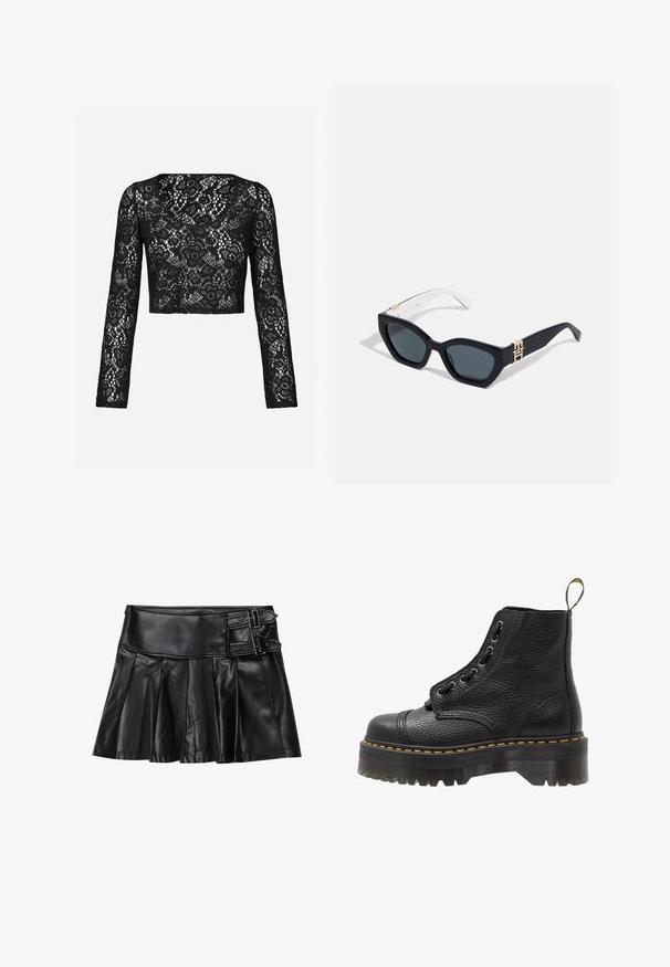 Czarny koronkowy top z długimi rękawami, zdobiony misternym wzorem kwiatowym i okrągłym dekoltem. Miękka tekstura z przezroczystym efektem.; Czarna skórzana spódnica z plisami, szerokim pasem i dwoma detalami w postaci klamer z boku. Gładka faktura o błyszczącym wykończeniu.; Czarne skórzane botki za kostkę o fakturowanej powierzchni, okrągłym nosku, sznurowanym designie, żółtych szwach i grubej, żłobionej czarnej podeszwie.; Tommy Hilfiger Okulary przeciwsłoneczne
