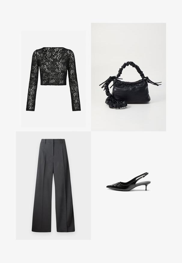 Top corti in pizzo nero con maniche lunghe, caratterizzato da un intricato motivo floreale e una scollatura a barca. Texture morbida con un aspetto trasparente.; Pantaloni a gamba larga in tessuto grigio scuro, con vita alta, pieghe singole e una texture liscia con una finitura pulita sui orli.; Tacchi slingback in pelle nera con punta affusolata, piccolo tacco kitten e un dettaglio a nodo decorativo sulla parte anteriore. Texture liscia su tutta la superficie.; Borsa a tracolla in ecopelle nera con texture a coccodrillo, apertura cinchata e tracolla arricciata. Si presenta con un design morbido e compatto.
