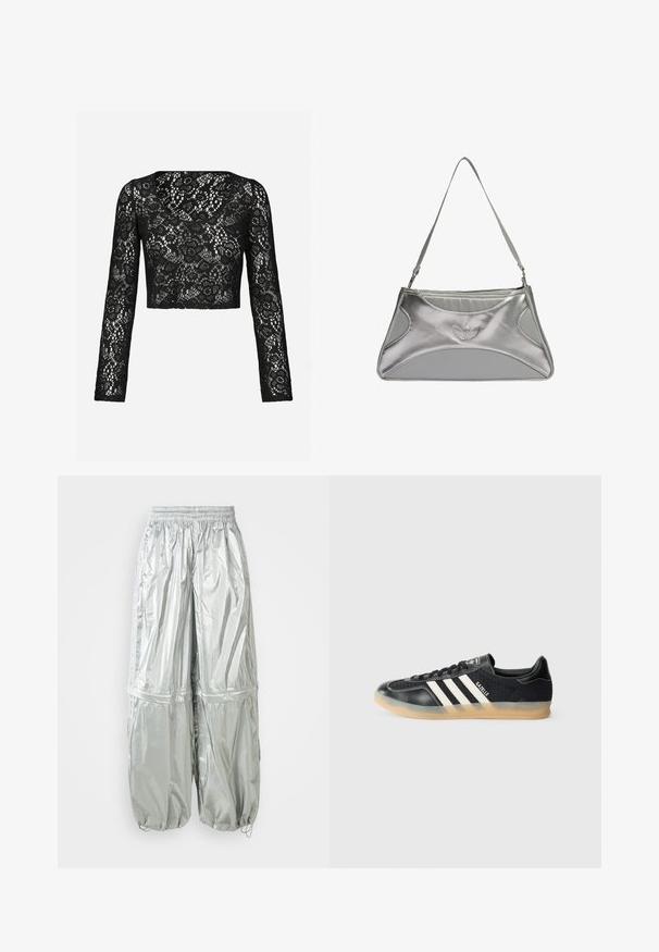 Črn čipkast crop top z dolgimi rokavi, ki se ponaša z zapletenim cvetličnim vzorcem in okruglim izrezom. Mehak material z prozornim videzom.; Svetlo sive lahke cargo hlače z sijočo teksturo, elastičnim pasom, nabranimi manšetami in dvema velikima sprednjima žepoma.; Črne športne copate z belimi črtami, teksturirana tkanina, gladek usnjen nos in gumijast podplat. Vsebuje logo na jeziku.; Srebrna metalna torbica z elegantno, strukturirano zasnovo, ki ima teksturirano telo, naramnico in embosiran logotip.