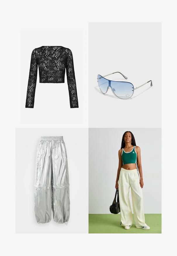 Must mustri crop top pikkade varrukatega, millel on keeruline lillemuster ja ümar kaelus. Pehme tekstuur koos läbipaistva välimusega.; Hõbedased kerged cargo püksid läikiva tekstuuriga, elastse vöökoha, kokku tõmmatud varrukate ja kahe suure ees oleva taskuga.; Roheline lühike tank-särk valge äärisega, kombineeritud laia säärega kreemiate pükstega. Mudel hoiab käes väikest musta kotti. Lihtsad tennisekingad.; Aviatori prillid, millel on gradient sinine objektiiv, hõbedane metallraam ja dekoratiivsed staaraktsendid objektiivil. Sujuv ja stiilne disain.