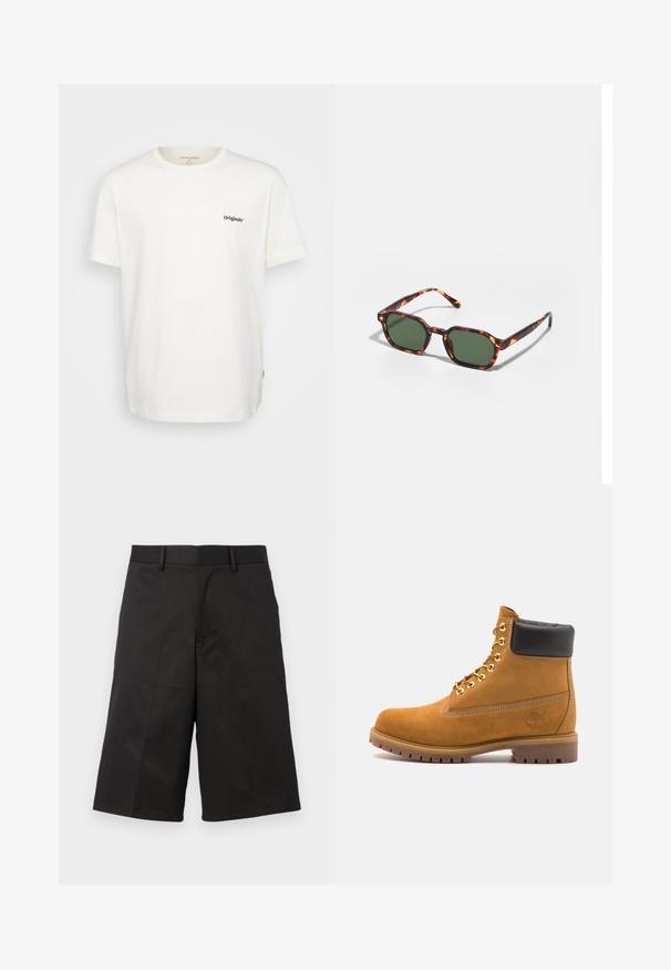 Balta medvilninė marškinė su trumpomis rankovėmis, apvalia iškirpte ir juodu tekstu "Originals" kairėje pusėje. Minkšta tekstūra ir tiesus kirpimas.; Juodi šortai su pritaikytu dizainu, pagaminti iš lygaus audinio, su plokščiu priekiniu kraštu, dirželio kilpomis ir tiesiomis trumpomis kojomis.; Tan spalvą turintys suknelės batus iki kulkšnies su juodu paminkštintu apvadu, auksiniais metaliniais akių užsegimais, baltais siūlų dekoratyviniais elementais ir tvirtu guminiu padu su ryškiai išreikštais raštais.; Žvyneliai akiniai nuo saulės su žaliais lęšiais, turintys aštuonkampį formos ir plonas, lenktas šakeles. Medžiaga turi blizgų paviršių.