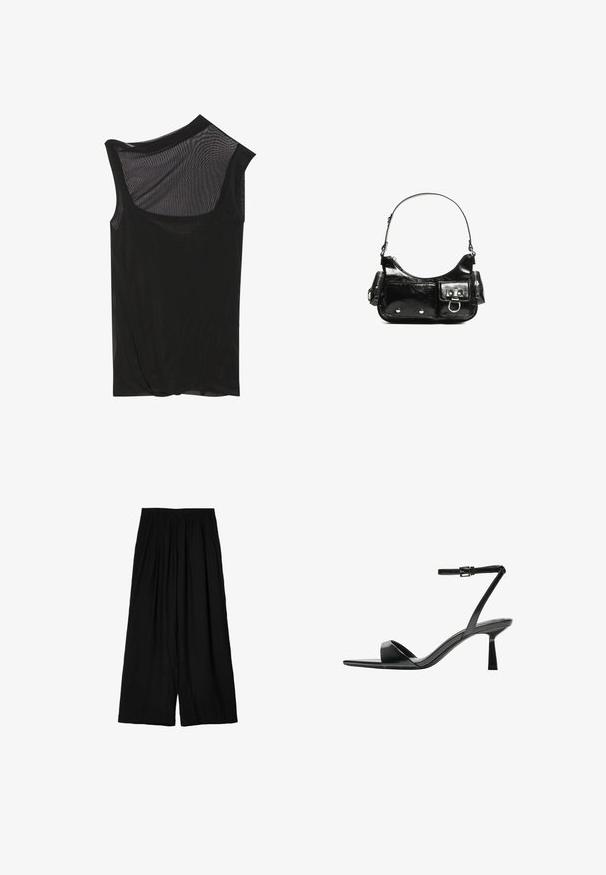 Schwarzes Netz-Top ohne Ärmel mit asymmetrischem Ausschnitt, weicher Textur und drapiertem Detail am Saum. Leichtes und durchscheinendes Material.; Schwarze weit geschnittene Hose aus leichtem Stoff, mit einem elastischen Bund und weicher, zerknitterter Textur. Fußlanger Schnitt.; Bershka High Heel Sandalette - black; Schwarze Lackleder-Handtasche mit geschwungenem Design, einem Schulterriemen, Vordertaschen und silberfarbenen Hardware-Akzenten.
