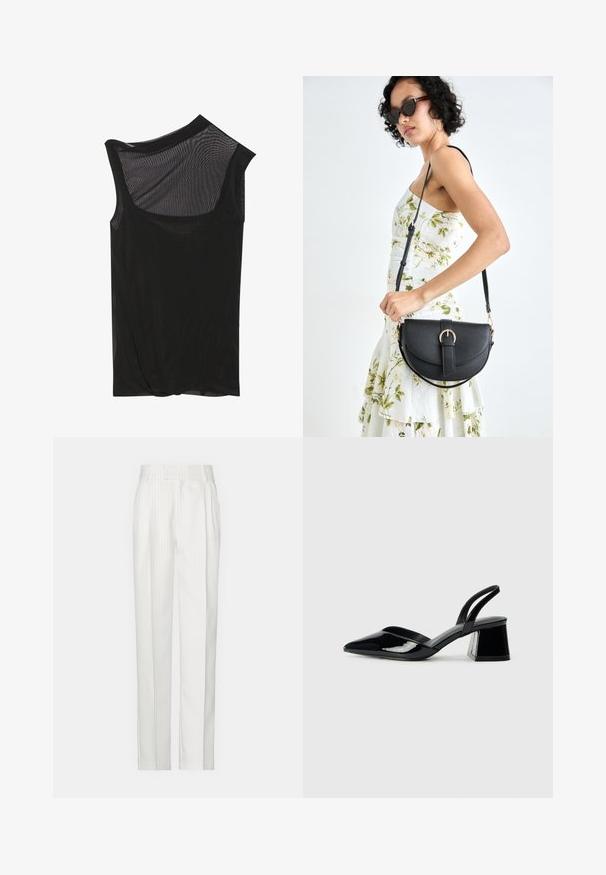 Juodas tinklelis be rankovių viršus su asimetrišku iškirpimu, švelni tekstūra ir drapiruota detalė hem. Lengvas ir permatomas audinys.; Balti dryžuoti kelnės su tiesiu kojų dizainu, pagamintos iš lengvos medžiagos. Priekyje turi klostes ir tradicinį juosmenį.; Juodos lakuotos odinės šlepetės su smailiu pirštu ir geometriniu bloko kulnu. Turi elegantišką, minimalistinį dizainą ir lygų paviršių.; Juodas odinis krepšys su išlenkta forma, nuimamu dirželiu ir auksiniais detalėmis. Krepšys turi kilpą su sagtimi.