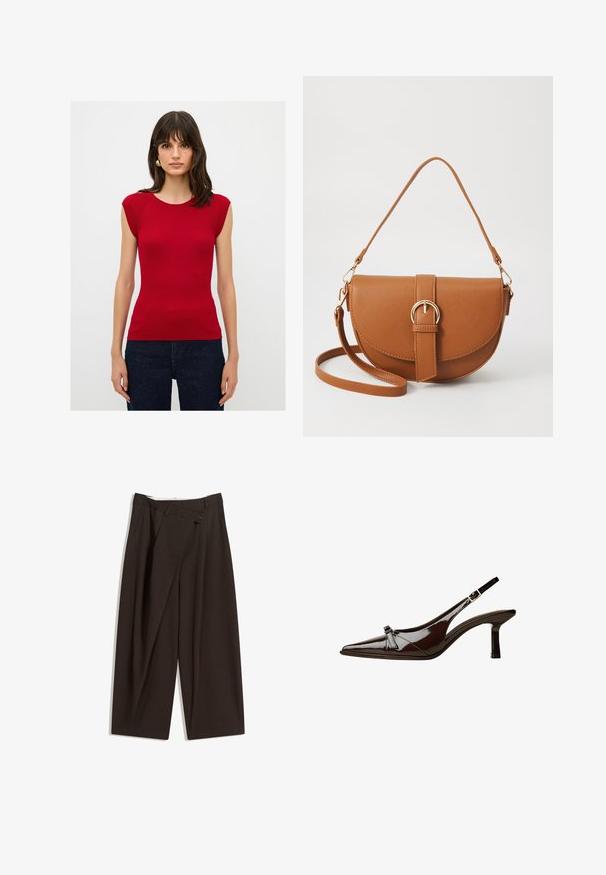 adL TOP - T-shirt - bas - claret red; Mörkbruna vida byxor med hög midja, med en enkel knappstängning och plisserad front. Tillverkade av lätt tyg.; Brun lackläder slingback-sko med spetsig tå, låg klack och en dekorerande rosett på framsidan. Slät, glansig yta.; Brun läder crossbody-väska med en böjd form, gyllene detaljer och en spänneaccent. Har en avtagbar axelrem.