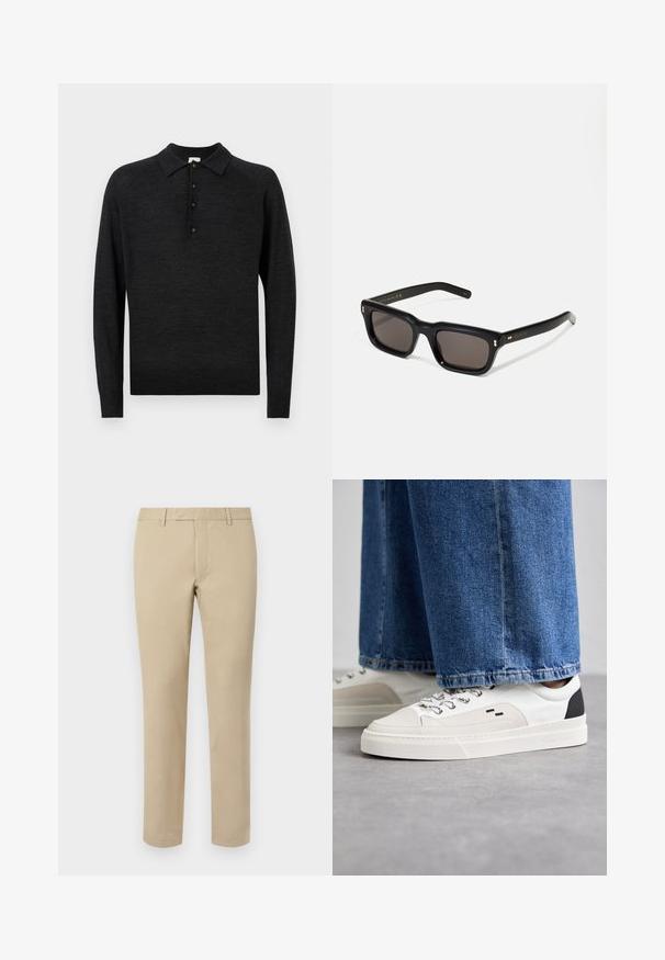 Juodas ilgomis rankovėmis polo marškinėliai, pagaminti iš minkštos mezginio medžiagos, su klasikiniu apykakle, penkių mygtukų užtrauktuku ir elastinga apačia.; Šviesiai rudos medvilninės kelnės tiesaus kirpimo, su diržo kilpomis, plokščiu priekiu ir siuvinėtomis apvadomis. Lygi tekstūra ir minimalus detalizavimas.; Balti ir balti sportbačiai su lygaus odos paviršiumi, tekstūruotais akcentais ir masyviu baltu padu. Turi klasiką primenančią raištelių užsegimo sistemą.; Juodos stačiakampės akinių nuo saulės su tamsiais objektyvais, storu plastiko rėmu, auksinėmis detalėmis ant šventyklų ir prekės ženklo logotipu išgraviruotu ant šono.; Polo Ralph Lauren COMBED COTTON SCARF - Šalikas - black