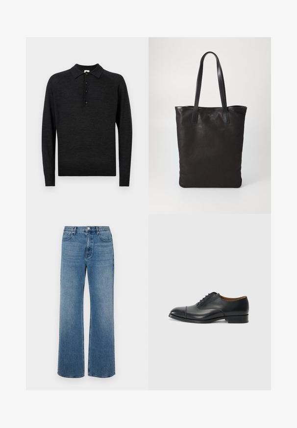 Musta pitkähiha paidankauluspaita pehmeästä neuloksesta, jossa on klassinen kaulus, viiden napin lista ja ribbaushelma.; Levelederg blå jeans laget av denim med en falmet finish. Har fem lommer, glidelås foran og rett snitt.; Mustat nahkakengät, joissa on sileä pinta, pyöreä kärki, viisi rei'itystä nauhoja varten ja matala lohko korko. Minimalistinen muotoilu hienovaraisella ompelulla.; Mustat kangaskassit mustilla nahkahandleilla. Yksinkertainen muotoilu, tilava runko ja sileä pinta. Ei näkyviä logoja tai kuvioita.