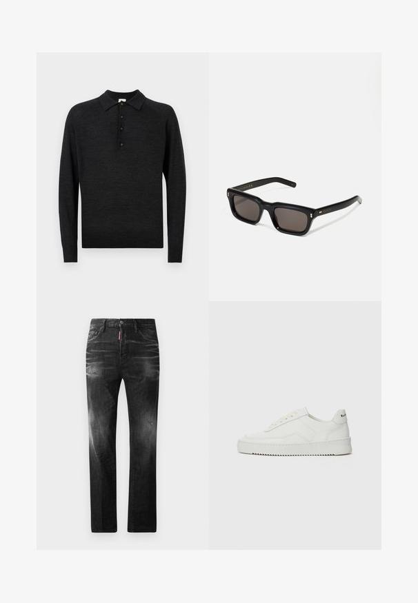 Čierna polokošeľa s dlhým rukávom, vyrobená z jemného pleteného materiálu, s klasickým golierom, zapínaním na päť gombíkov a rebrovaným lemom.; Čierne denimové džínsy so štandardným strihom. Obsahujú vyblednuté oblasti, drobné opotrebenie, klasický dizajn s piatimi vreckami a zapínanie na gombík.; Biele kožené tenisky s hladkým povrchom, okrúly špičkový dizajn, ploché šnúrky a textúrovaná podrážka. Obsahujú jemné logo na päte.; Čierne obdĺžnikové slnečné okuliare s tmavými sklami, hrubým plastovým rámom, zlatými detailami na spánkoch a vygravírovaným logom značky na ramene.
