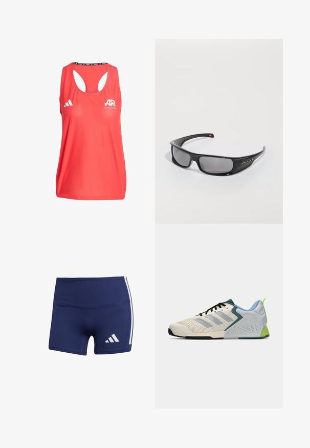 Rotes Sporttanktop mit Rundhalsausschnitt, Racerback-Design, Adidas-Logo und "AR"-Branding. Hergestellt aus atmungsaktivem, strukturiertem Stoff.; Marineblaue Sportshorts mit enganliegendem Schnitt, aus glattem Stoff, mit weißen seitlichen Streifen und einem Logo auf der unteren linken Seite.; Leichte Sportschuhe mit einem cremefarbenen Mesh-Obermaterial, grauen Streifen, einer grünen Akzentfarbe und einer strukturierten blauen Fersenkappe. Schwarze Schnürsenkel.; Schwarze Oakley-Sonnenbrille im Wraparound-Stil mit dunklen rechteckigen Gläsern und gebogenen Bügeln auf einem schlichten weißen Hintergrund.