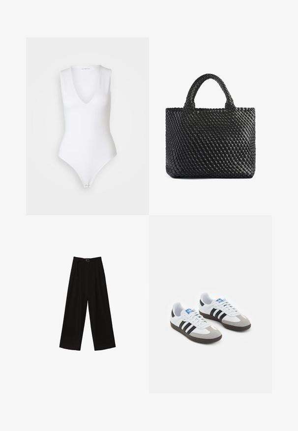 Good American SCUBA DEEP V TANK BODYSUIT - Top - withe; Sorte brede bukser med høj talje, der har et bælte i taljen og plisseringer for tekstur. Fremstillet af et glat, letvægtsstof.; Sportsko med en overdel i hvid læder, grå ruskind på tåen og tre sorte striber. Har et blåt logo på tungen og en struktureret gummisål.; Sort vævet tote taske med to håndtag, der har en tekstureret overflade og en rektangulær form. Enkel, unik design uden synligt hardware.