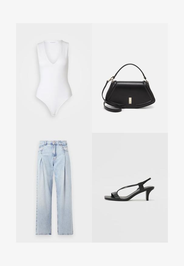 Good American SCUBA DEEP V TANK BODYSUIT - Top - withe; Jeans din denim albastru deschis cu talie înaltă, croială evazată, două buzunare laterale și un design pliat. Textură moale cu un finisaj decolorat.; Sandale negre cu toc înalt, cu un design cu curea subțire, vârf pătrat și toc bloc de înălțime medie. Fabricate din piele netedă cu o finisare mată.; Geantă de umăr din piele neagră, cu un design structurat, având o formă tăiată, mânere superioare și accente din aur. Include o curea de umăr ajustabilă.