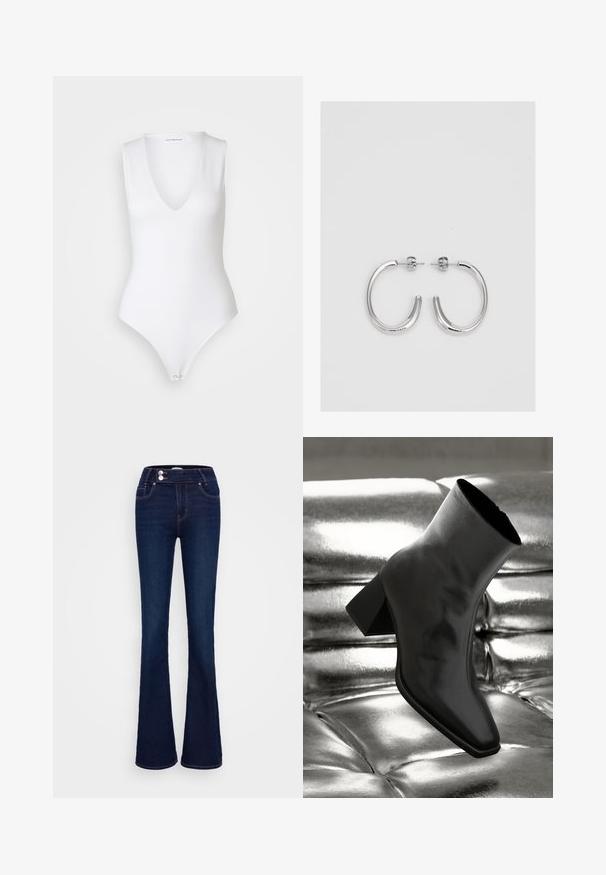 Good American SCUBA DEEP V TANK BODYSUIT - Felső - withe; Sötétkék bővülő farmernadrág, magas derékkal, két elülső zsebbel és két gombos záródással. Finom textúrájú denim anyagból készült.; Fekete bokacsizma fényes anyagból, négyzetes orral és szűkített sarkú, egy csillogó ezüst kárpitozott háttér előtt.; Ezüst karika fülbevalók sima, fényes felülettel. Lekerekített forma, könnyű kialakítással, tűs zárómechanizmussal.