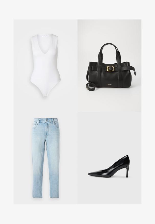 Good American SCUBA DEEP V TANK BODYSUIT - Felső - withe; Világoskék farmernadrág, egyenes szárú dizájn, közepes derékkal, öt zsebes stílusban és elöl gombos zárással.; Fekete bőr magassarkú cipő, hegyes orral, sima textúrával és kúpos sarkal. Minimalista dizájn, nincsenek további díszítések.; Fekete bőr kézitáska, amely strukturált kialakítással rendelkezik, dupla felső fogantyúval, arany tónusú csattal és a márka dombornyomott logójával az elején.