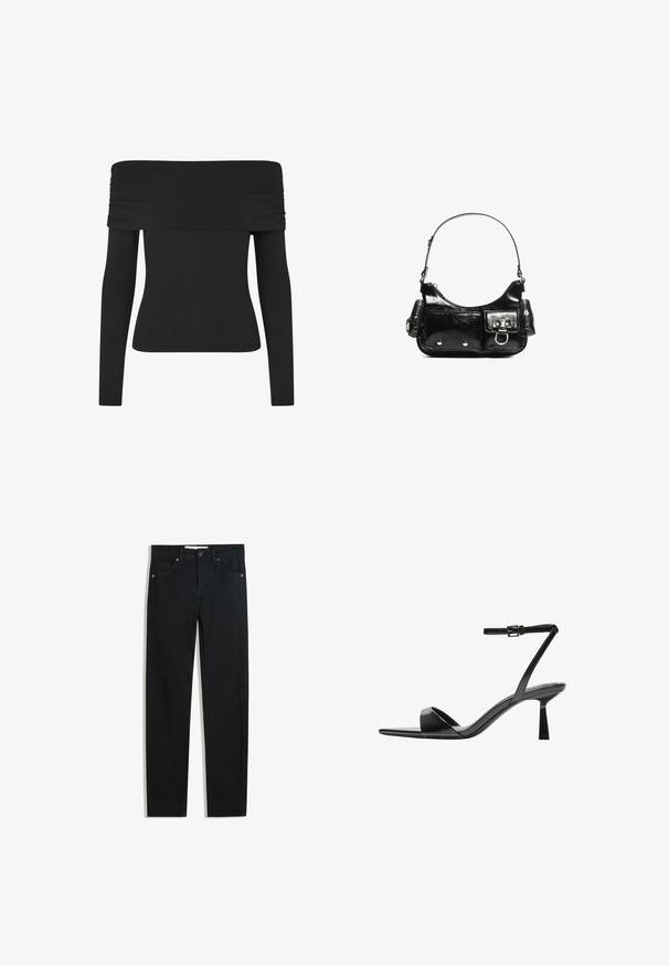 Schwarzes Off-Shoulder-Oberteil mit langen Ärmeln, das eine geraffte Stoffdetails entlang des Ausschnitts aufweist, eine glatte Textur und einen schmalen Schnitt hat.; Schwarze Jeans mit geradem Bein, fünf Taschen, Metallknopfverschluss und dezenten Nähten. Glatte Textur.; Bershka High Heel Sandalette - black; Schwarze Lackleder-Handtasche mit geschwungenem Design, einem Schulterriemen, Vordertaschen und silberfarbenen Hardware-Akzenten.