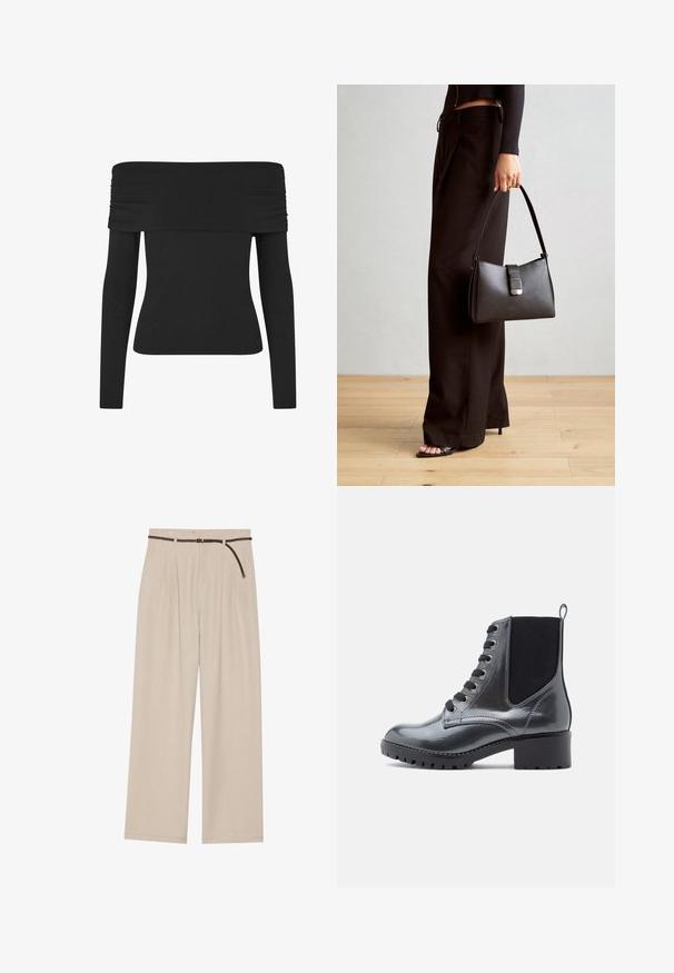 Juodas offt-shoulder viršus su ilgomis rankovėmis, su susiraukšlinta medžiaga aplink kaklo liniją, lygiu paviršiumi ir siauru siluetu.; Šviesiai rudos plačios kelnės su raukiniais, pagamintos iš lengvos medžiagos, su pynatu ruduo diržu ir tiesiu kraštu.; Juodos lakinės odos kulkšninių botų su blokuotu kulnu, raišteliais priekyje ir elastingais šonais, kad būtų lengva užsidėti. Kietas padas suteikia sukibimą.; Juodas rankinė struktūrizuota forma, lygi tekstūra ir metalinis užsegimas. Suporuota su plačiomis juodomis kelnėmis ir atvirais bateliais ant medinių grindų.