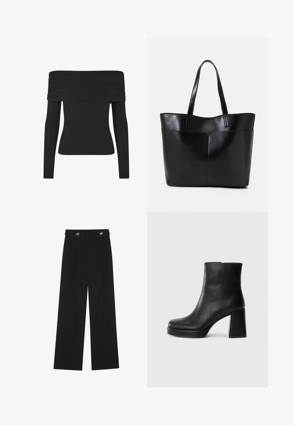 Top nero a spalle scoperte con maniche lunghe, dotato di un dettaglio in tessuto arricciato lungo il colletto, texture liscia e vestibilità slim.; Pantaloni neri a gamba larga con vita alta, dettagli con bottoni in vita e pieghe frontali.; Stivale alla caviglia in pelle nera con tacco a blocco e suola platform, visto di lato su uno sfondo bianco uniforme.; Borsa a tracolla in pelle nera con due manici lunghi, una texture liscia e una forma strutturata. Presenta una tasca frontale per ulteriore spazio di archiviazione.