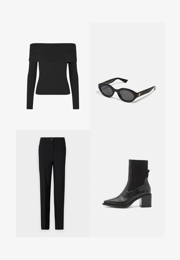 Μαύρη μπλούζα με ανοιχτούς ώμους και μακριά μανίκια, που διαθέτει ένα ραμμένο λεπτομέρεια κατά μήκος του λαιμού, απαλό υφή και εφαρμοστή γραμμή.; Μαύρο κομμένο παντελόνι με ευθεία γραμμή, που διαθέτει κούμπωμα με κουμπί και θηλιές για ζώνη, κατασκευασμένο από λεία ύλη.; Μαύρο μποτάκι μέχρι τον αστράγαλο με μυτερή μύτη, φτιαγμένο από λεία δερμάτινη και ελαστική ύφασμα. Διαθέτει τετράγωνη τακούνι και μινιμαλιστική σχεδίαση.; Μαύρα οβάλ γυαλιά ηλίου με σκούρους φακούς και γυαλιστερό πλαστικό σκελετό. Διαθέτουν χρυσό λογότυπο στο βραχίονα, προσφέροντας ένα κομψό και μοντέρνο σχέδιο.; Μπλε τσάντα με μοτίβο, κατασκευασμένη από ύφασμα, με καμπυλωτό σχήμα, μαύρη δερμάτινη λουρί και σχέδιο λογότυπου σε ελαφρύτερη απόχρωση.