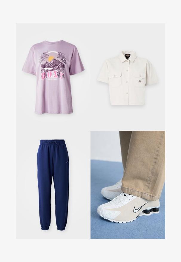 T-shirt lilás feito de algodão, com um gráfico de montanhas, sol e folhagem. O nome da marca "ROXY" está em destaque em rosa.; Camisa branca de algodão, de mangas curtas e cropped, com dois bolsos no peito, fecho de botões na frente e um patch com logotipo no bolso esquerdo.; Calças de fato de treino azul marinho feitas de um tecido suave, com uma cintura elástica com cordão, punhos elásticos e um pequeno logótipo branco.; Tênis Nike brancos e bege com design perfurado, logotipo Swoosh preto, parte superior texturizada e um distintivo calcanhar preto com mola.