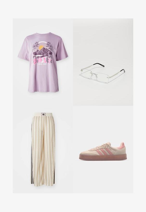 Lilac T-shirt gemaakt van katoen, met een grafisch beeld van bergen, zon en bladeren. De merknaam "ROXY" is prominent weergegeven in het roze.; Crème kleurige wijde broek met een zigzagpatroon, met een zwarte logo tailleband en zij zwarte strepen. Lichtgewicht, gestructureerde stof.; Beige suede sneakers met lichtroze accenten, een gestructureerde rubberen zool en drie roze strepen aan de zijkant. Rondneus en vetersluiting.; Rechthoekige, doorzichtige brillenglazen met een dunne zilveren metalen montuur en zwarte acetaat uiteinden. Heeft minimale hardware voor een strakke uitstraling.