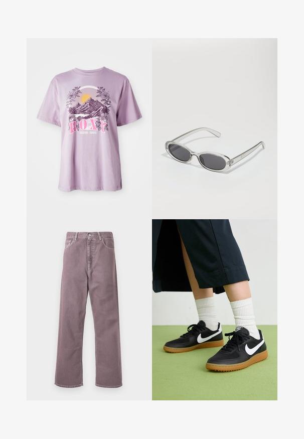 Lila T-Shirt aus Baumwolle, mit einem grafischen Motiv von Bergen, Sonne und Laub. Der Markenname "ROXY" ist auffällig in Pink dargestellt.; Weite Hosen in einem gedämpften Lavendelton, aus Denim gefertigt. Beinhaltet fünf Taschen, einen Knopfverschluss und dezente Stickakzente.; Schwarze Leder- und synthetische Sneakers mit weißem Nike-Swoosh, Gummisohle, runder Spitze und schwarzen Schnürsenkeln. Gestreifte weiße Socken sind sichtbar.; Sonnenbrille mit ovaler Form, klarem Kunststoffrahmen, dunkelgrauen Gläsern und dünnen transparenten Bügeln mit Logo-Akzenten und minimalen Details.